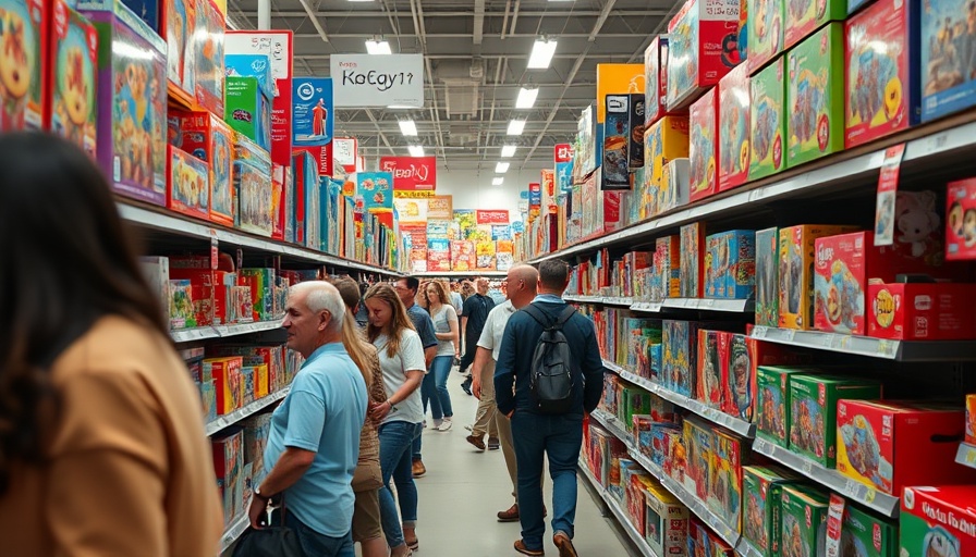 Customers browsing toy aisle in a busy store, vibrant and colorful.