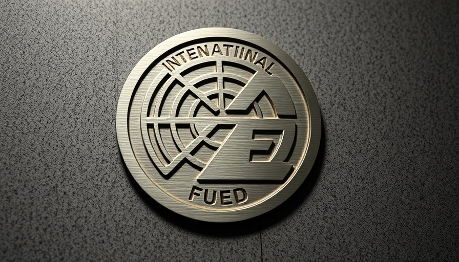 Close-up of International Monetary Fund logo in metallic grey.