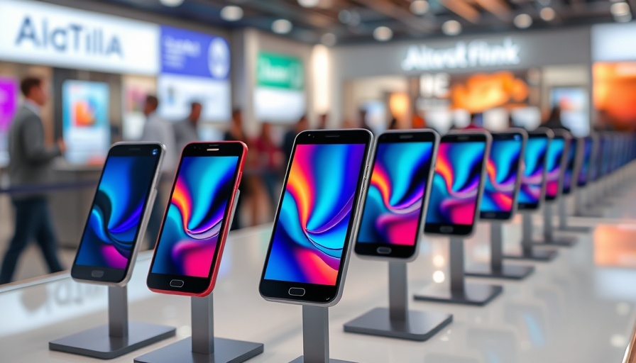 Multiple smartphones on display with colorful screens, showroom setting.