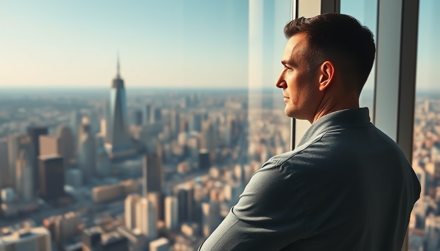 Man exploring midlife non-crisis opportunities in a high-rise apartment overlooking a cityscape.