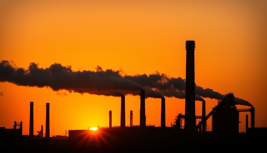Silhouette of a steel plant at sunset emitting smoke.