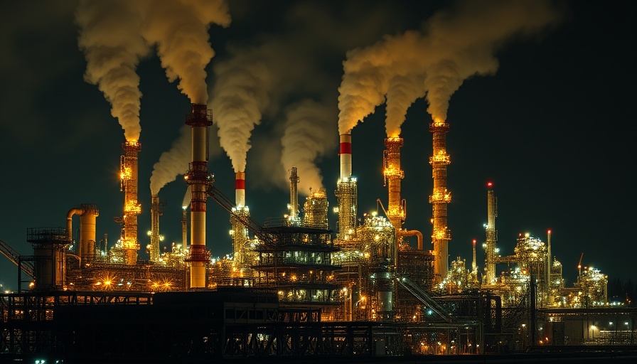 Night view of an oil refinery emitting smoke, relating to Putin's military financing and oil prices.