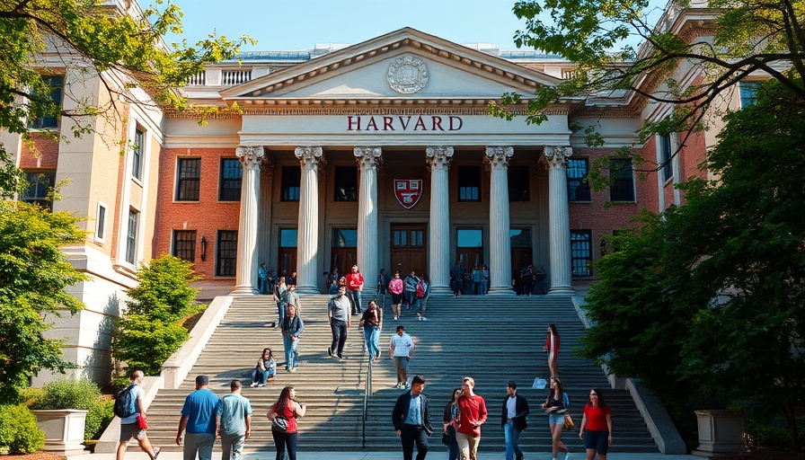 Harvard building with students gathered on steps.