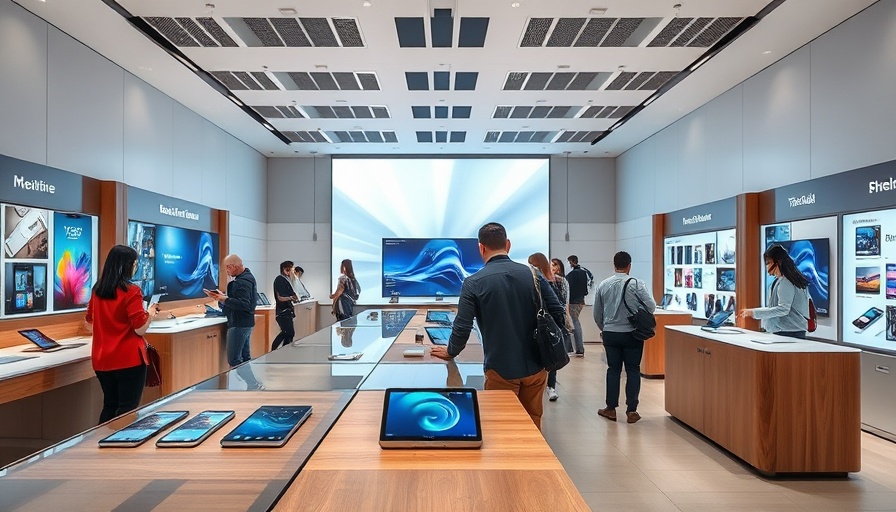 Tech store interior with new smartphones displayed, highlighting tariff exemptions tech industry.