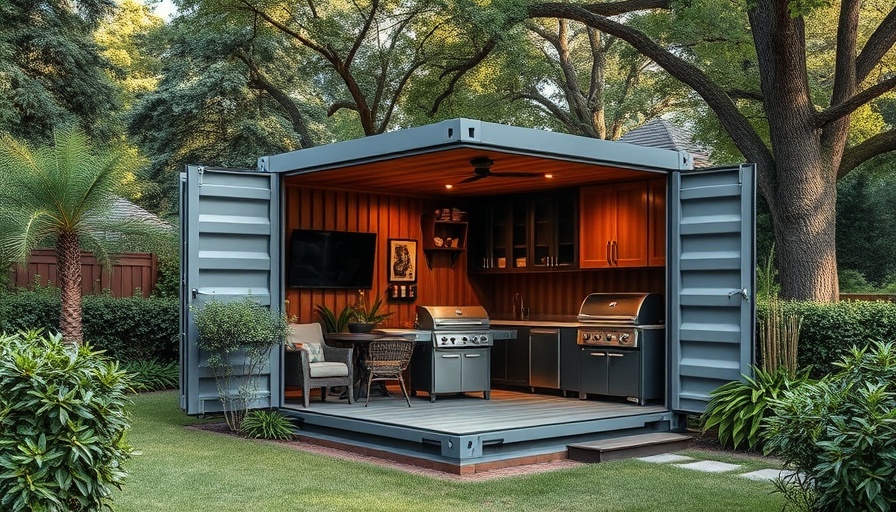 Modern shipping container transformed into entertainment area amidst greenery.