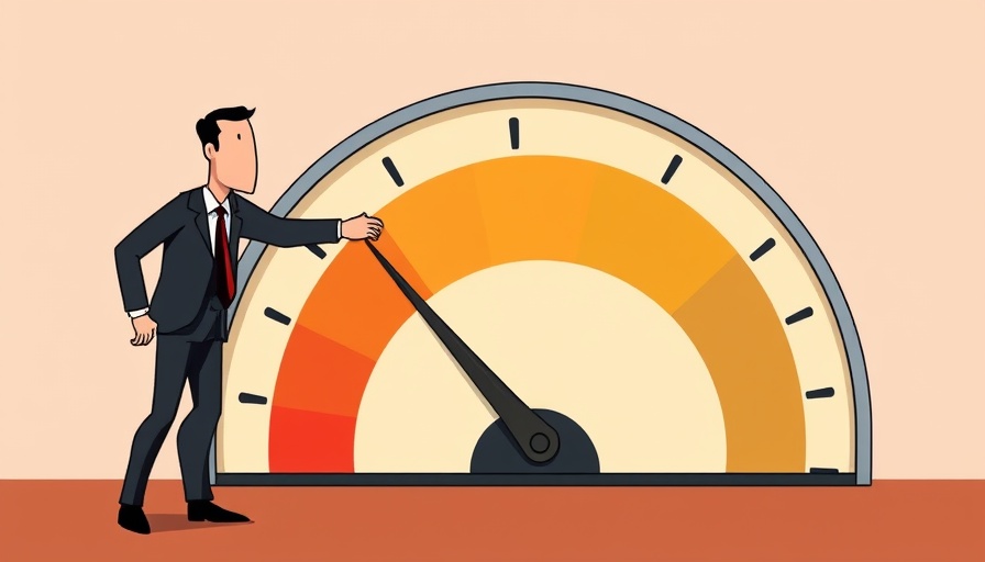 Cartoon of crisis meter with businessperson pushing needle to red zone, symbolizing America's political instability impact on Bay Area businesses.