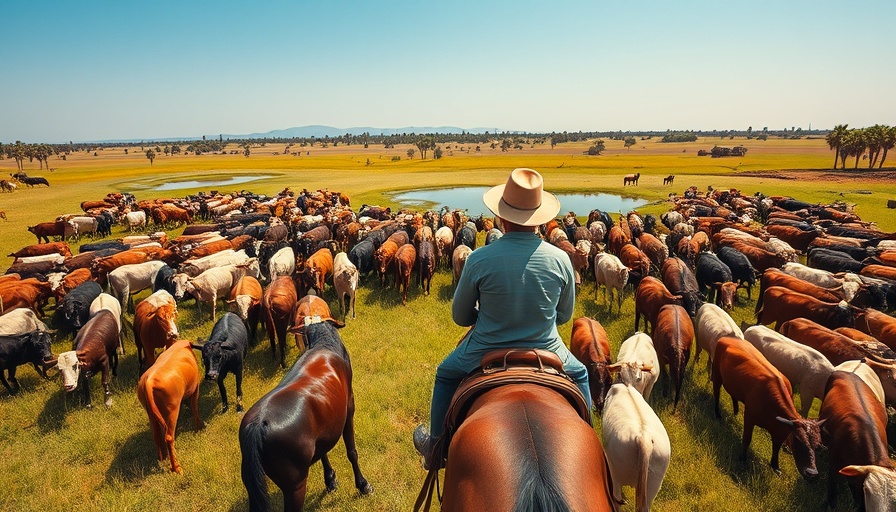 Impact of China trade war on Brazil and US farmers: lush field with cattle herd.