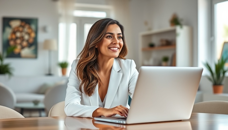 Professional woman seated at a table with a laptop in a bright, modern environment.