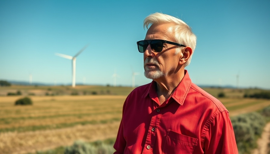 Older man opposing renewable energy projects near wind turbines.