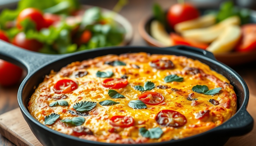 Healthy recipes vibrant frittata in skillet with salad background.