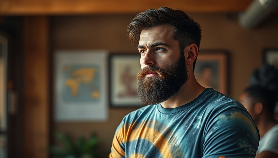Thoughtful bearded man wearing a tie-dye shirt indoors, delete all IP law.