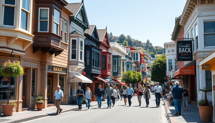 Sausalito street scene with people and unique architecture on a sunny day.