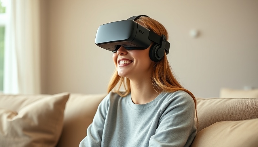 Woman smiling with Apple Vision Pro headset in a cozy room.