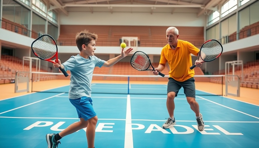 Young boy and man play padel on blue court.