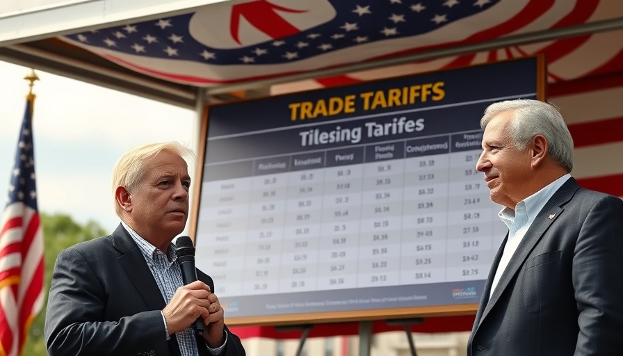 Discussion of trade tariffs with a large board and USA flag backdrop.