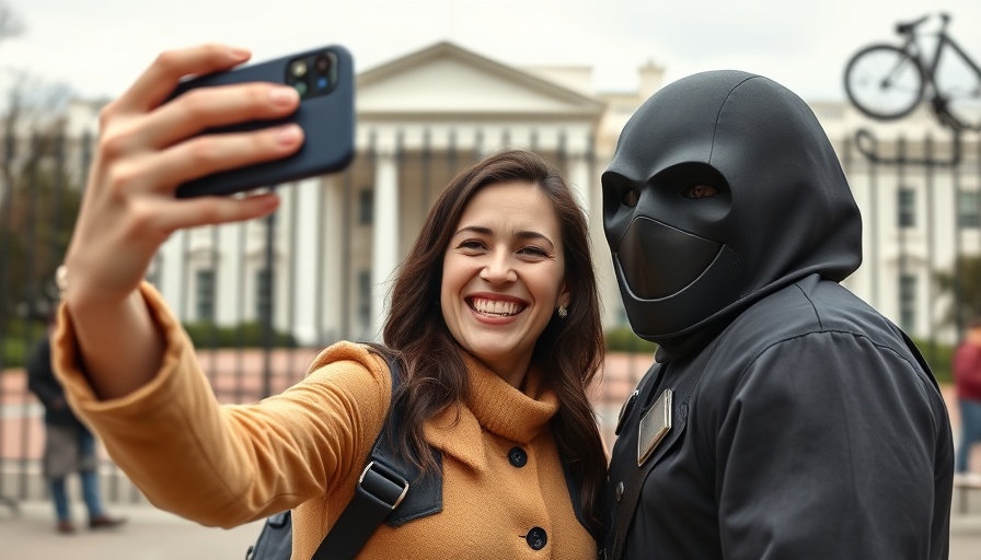 Person in costume posing for selfie near White House gates.