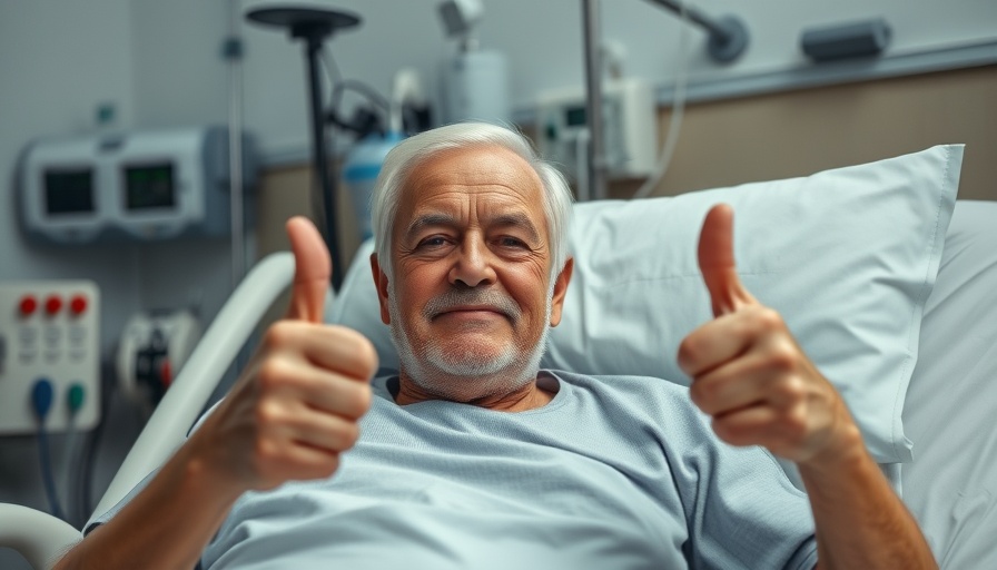 Elderly man in hospital bed, giving thumbs up, UK companies cash flow and cost-cutting context.