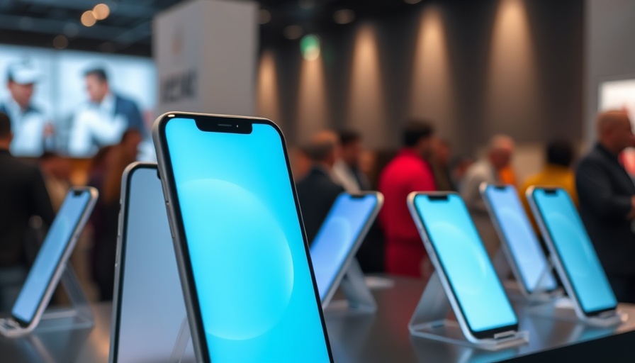 Display of modern smartphones at technology exhibit.