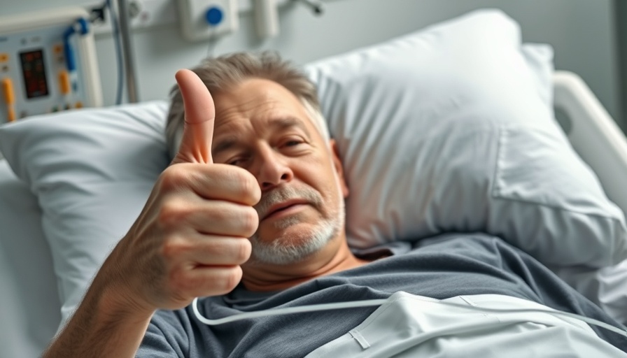 Patient in hospital bed giving thumbs up, bright hospital room.