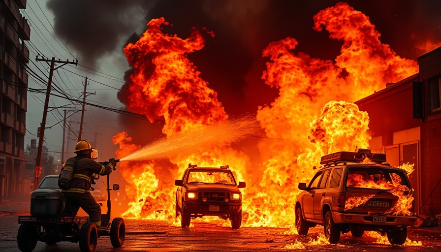 Firefighter battles flames in urban destruction, Palm Sunday Ukraine attack.