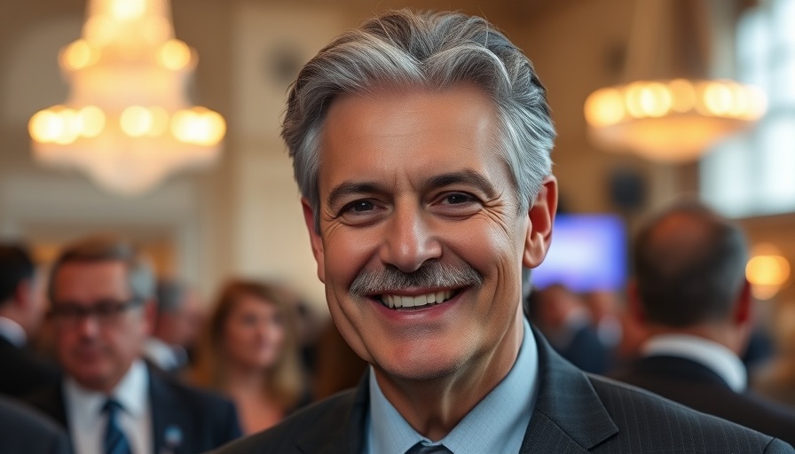 Middle-aged man smiling at indoor event, average oil prices.