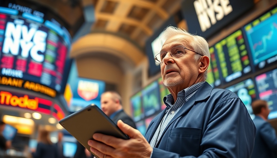 Surprised man in stock exchange reacting to tariff exemptions impact on tech.