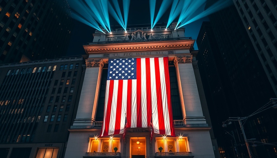 Investing in America: American flag on financial building at night.