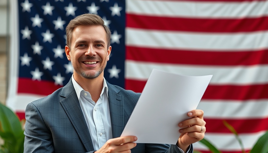 Man smiling with document in front of flag, associated with tariff exemptions on electronic devices.