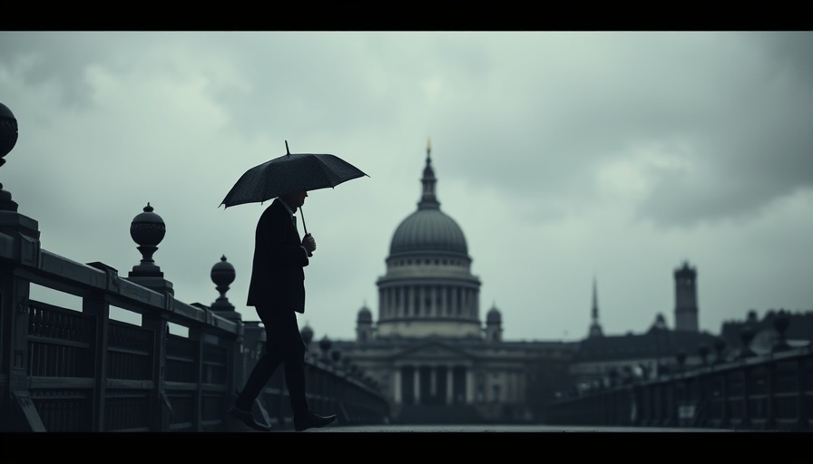 Pedestrian crossing bridge under umbrella, Britain productivity crisis backdrop.