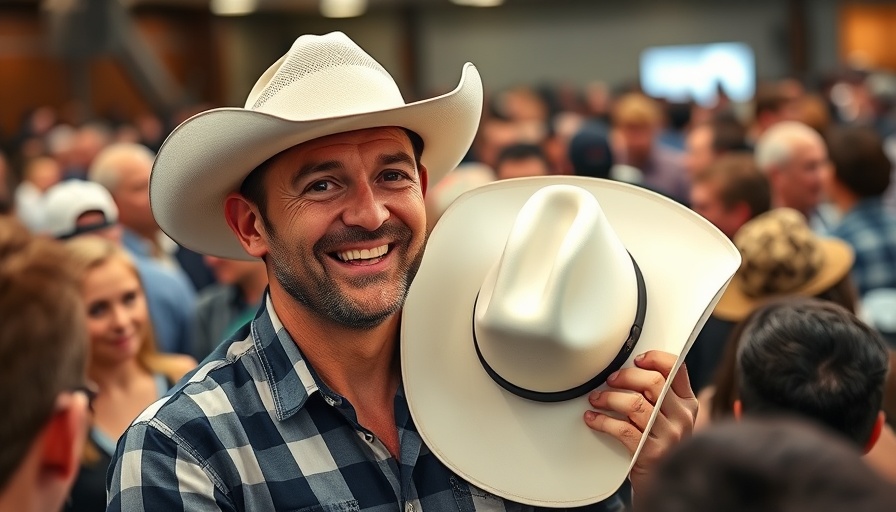 Engaging Mark Carney with cowboy hat in lively crowd.