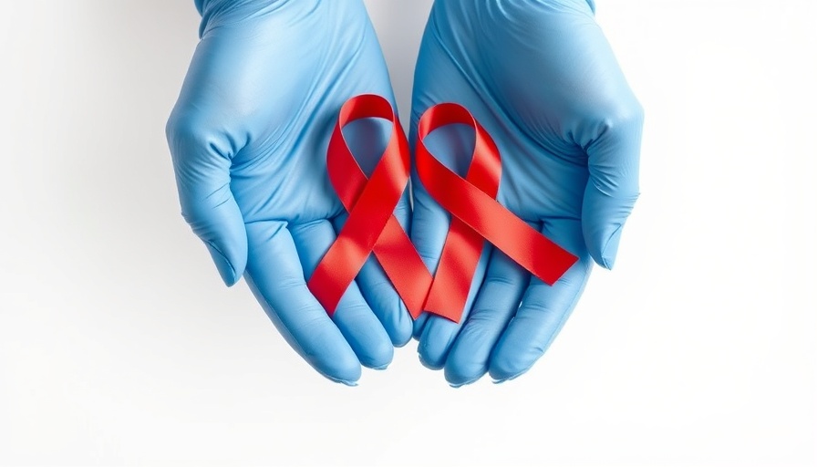 Hands with gloves holding red ribbons symbolizing HIV awareness.