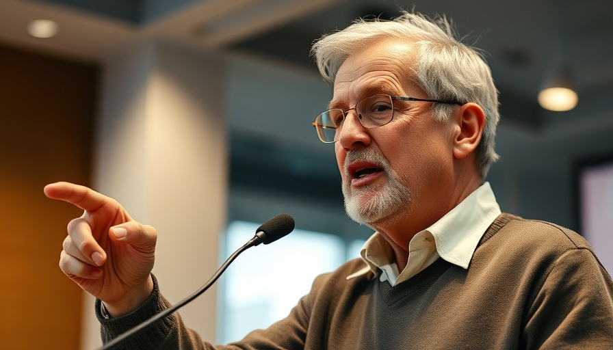 Person speaking, gesturing mid-speech, indoors, soft lighting.