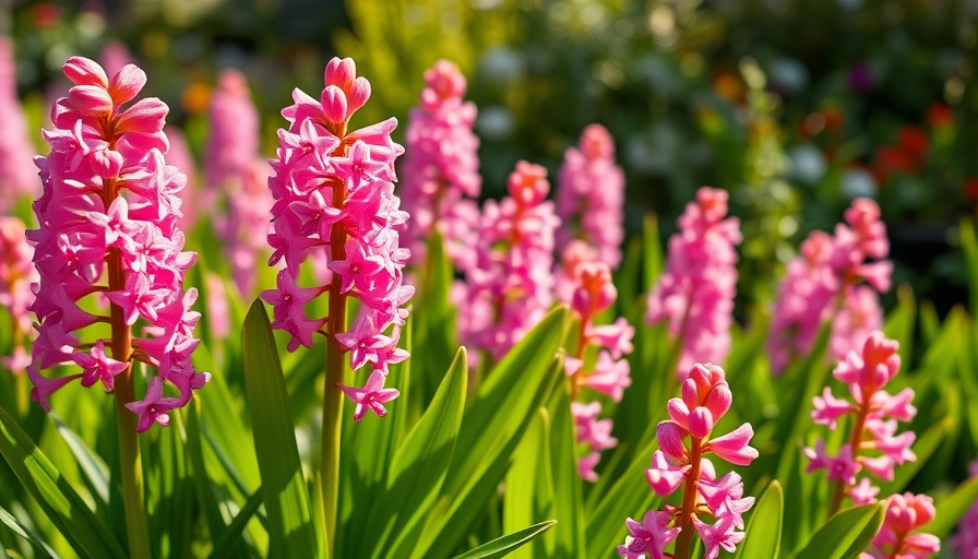 Pink hyacinth flowers in full bloom with lush green leaves.