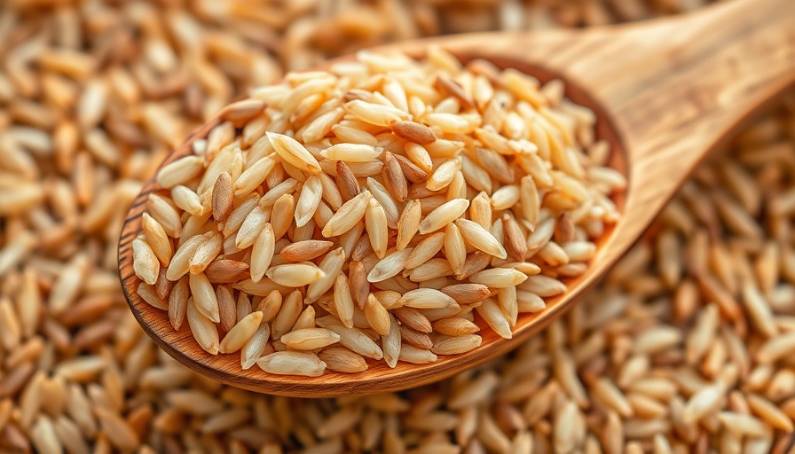 Close-up of brown rice on a wooden spoon highlighting arsenic exposure risk.
