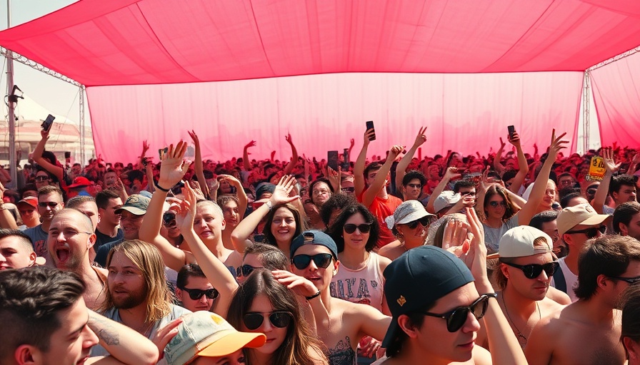 Colorful crowd enjoys Coachella 2025 under vibrant red tent.
