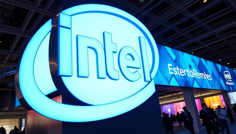Intel sign at tech event symbolizing chip business stake sale.