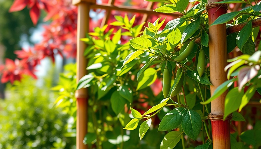 Garden trellis supporting pea plants in a lush garden.