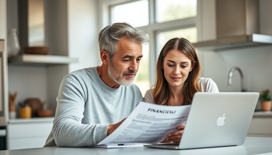 Couple reviewing financial papers in kitchen, teamwork in family finances.
