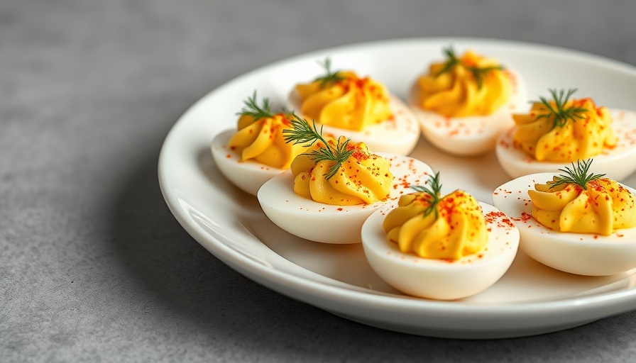 Healthy recipes deviled eggs on white plate, appetizing close-up.