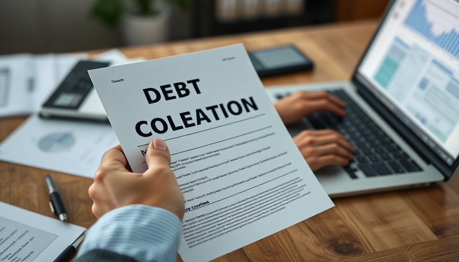 Close-up hands reviewing debt collection document on laptop