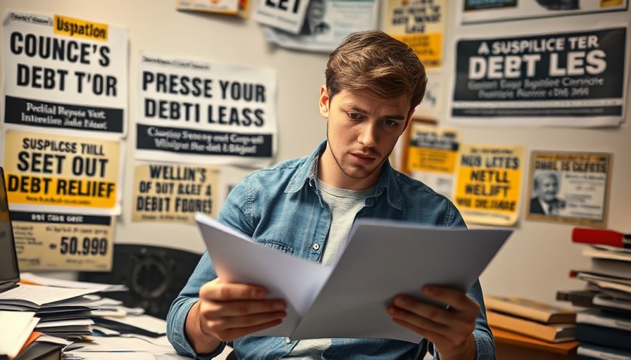 Worried person reviews debt relief ads, Spot Debt Relief Scams insight.