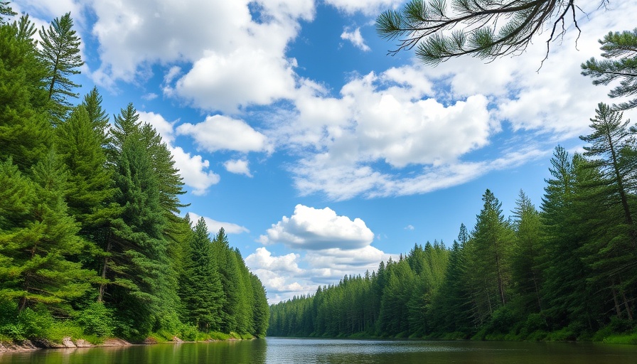 Idaho tourism attractions: lush forest and tranquil river.