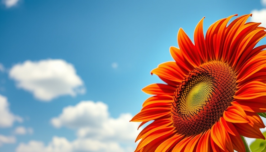 Vibrant pollenless sunflower against blue sky, close-up view.