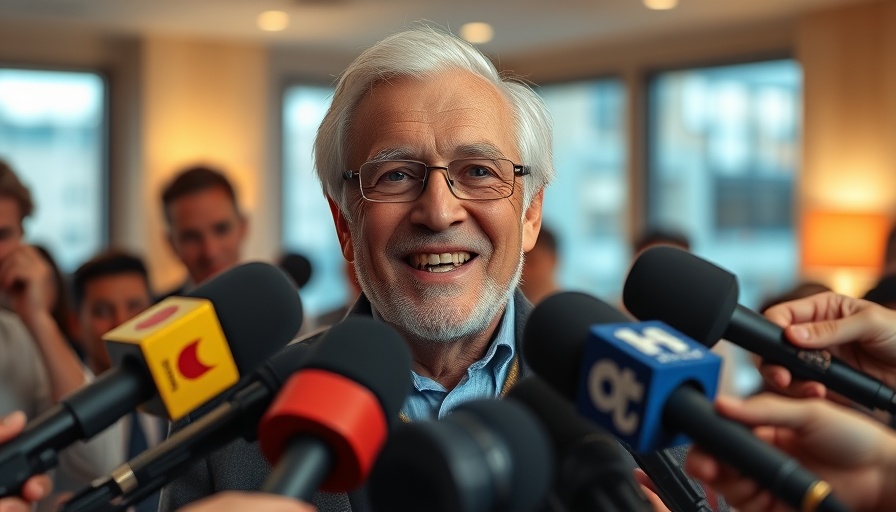 Elderly man smiles during an interview, warm lighting.