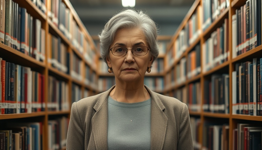 Middle-aged woman in a library, concerned, amidst federal funding cuts America250.