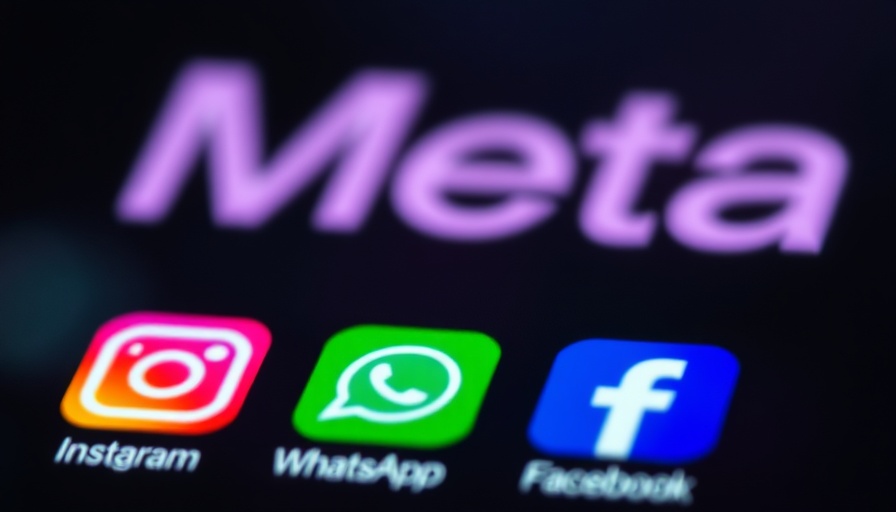 Blurred Meta logo with social media icons on screen, abstract.