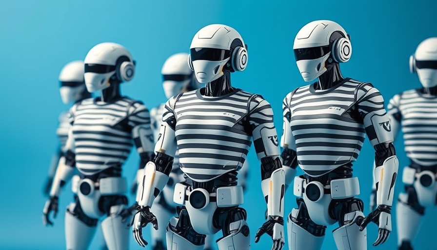 Humanoid robotics acquisition with robots in striped shirts, blue background.