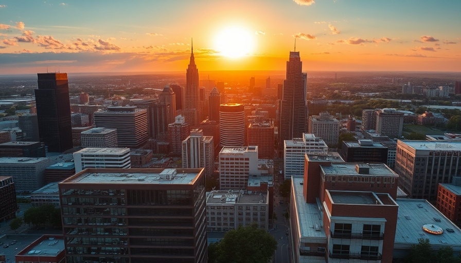 Aerial view of Nashville skyline under golden sunset, vibrant cityscape.