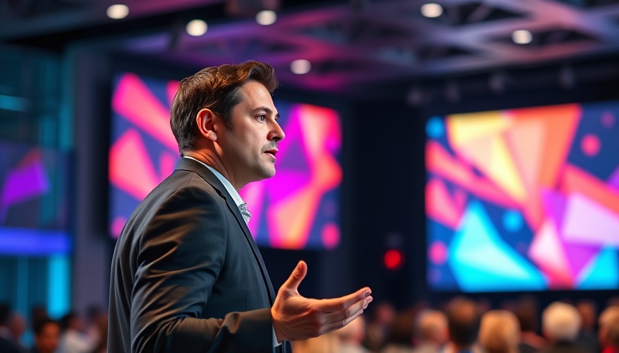 Young man discussing business startup challenges at a conference.