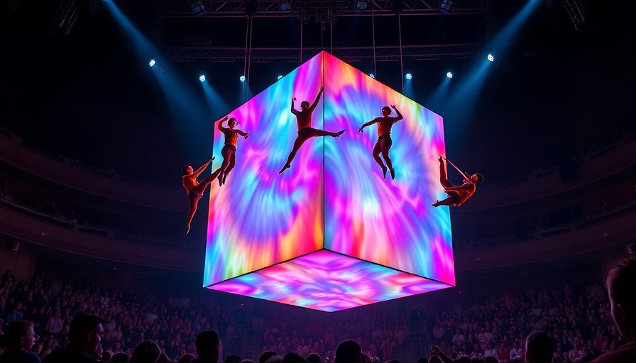 Cirque Echo performers on colorful cube stage.